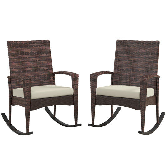 Outsunny Outdoor PE Rattan Rocking Chair Set of 2, Garden Rocking Chair Set with Armrest and Cushion, Brown