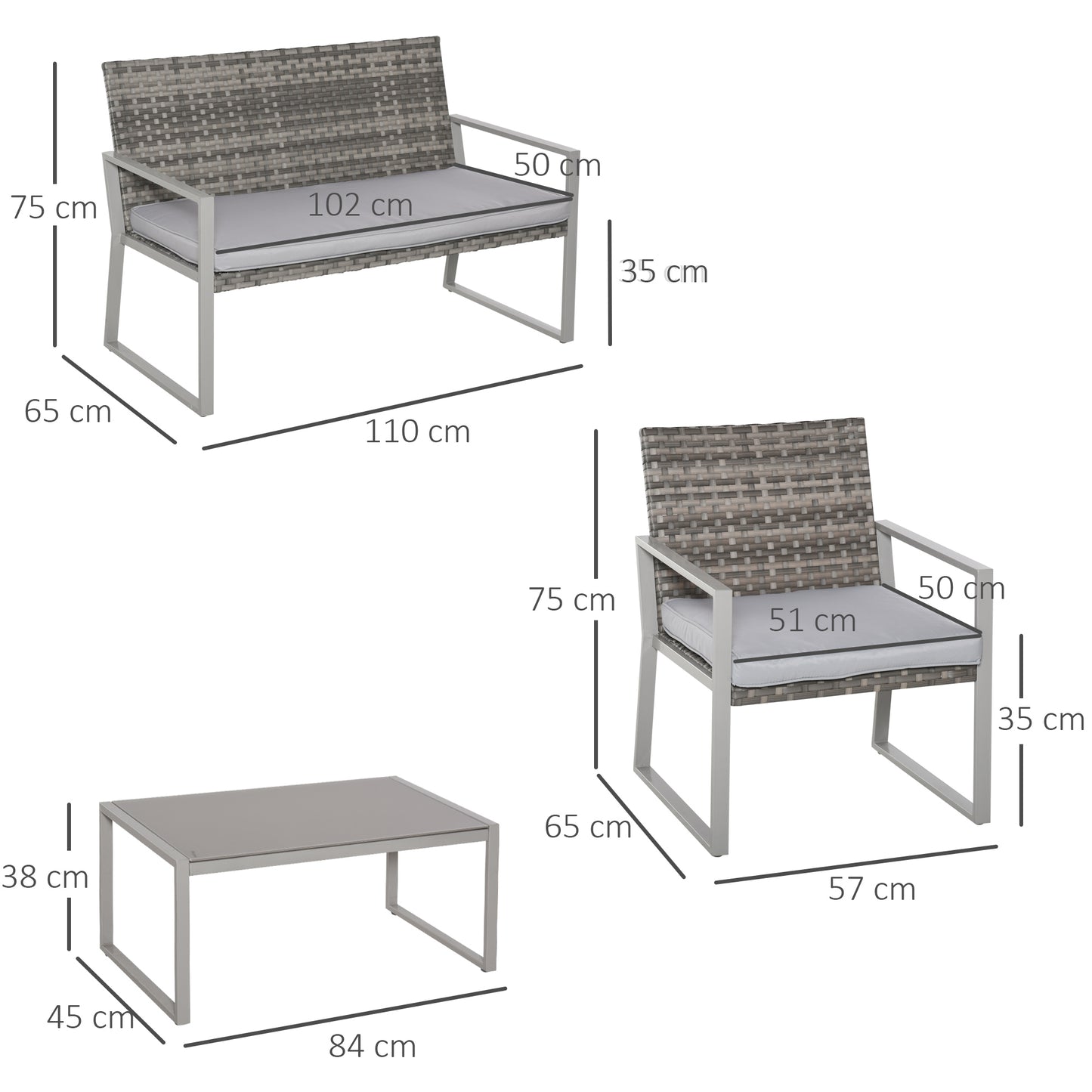 Outsunny Rattan Garden Furniture Set, 4-Seater, 2 Single Sofa Armchairs, 1 Bench, Cushions, Coffee Table, Wicker Weave, Patio Backyard