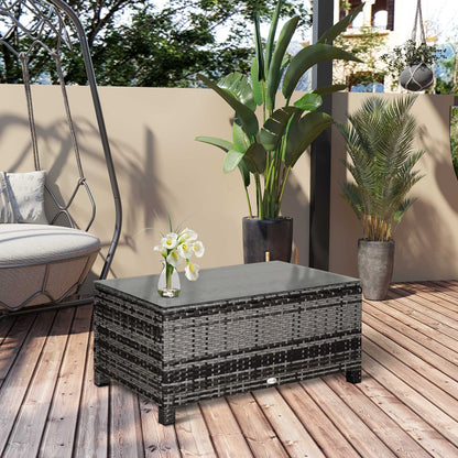 Outsunny Rattan Side Table: Tempered Glass Top, Weather-Resistant Wicker Design for Patio & Garden, Mixed Grey