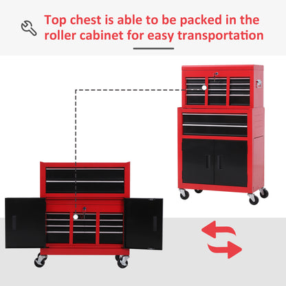 HOMCOM Tool Chest, Metal Tool Cabinet on Wheels with 6 Drawers, Pegboard, Top Chest and Roller Cabinet Combo, 61.6 x 33 x 108cm, Red