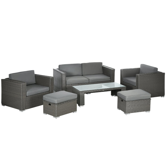 Outsunny 6PC Garden Rattan Sofa Set Outdoor Furniture Patio Table Loveseat Stool Lounging Ottoman Aluminium Frame Wicker Weave Conservatory Grey