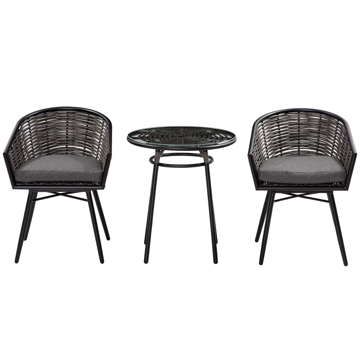 Outsunny 3 Pieces PE Rattan Bristo Set, Round Wicker Patio Table and Chairs, Glass Top Coffee Table with Removable Cover, Grey | Chahine & Milad UK