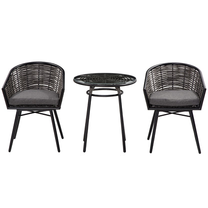 Outsunny 3 Pieces PE Rattan Bristo Set, Round Wicker Patio Table and Chairs, Glass Top Coffee Table with Removable Cover, Grey | Chahine & Milad UK