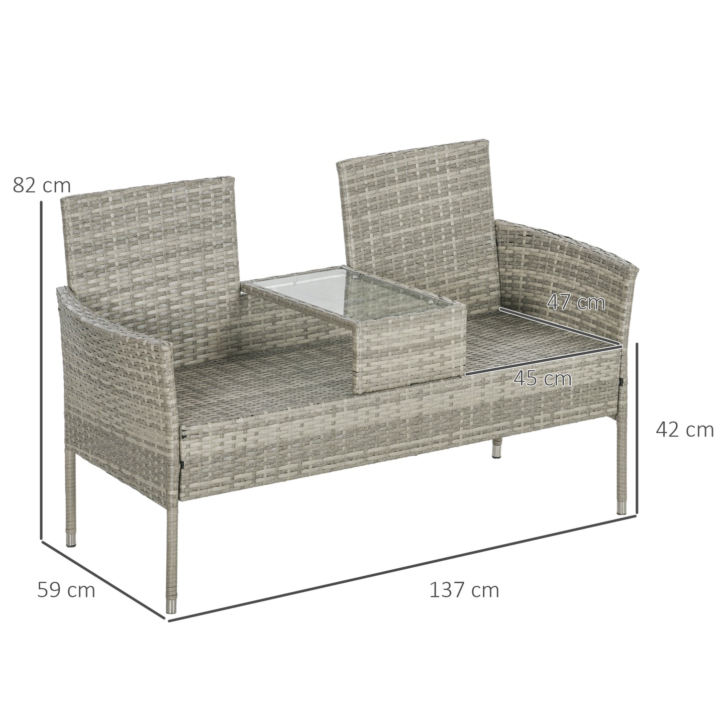 Outsunny Garden Loveseat 2 Seater Rattan Chair for Garden Outddor, with Glass-top Middle Table, Padded Cushions, Grey | Chahine & Milad UK