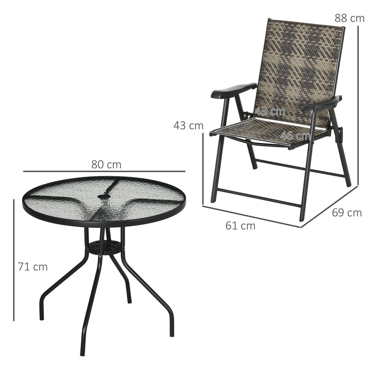 Outsunny 5 Pieces PE Rattan Table and Chairs, Round Glass Top Table with Umbrella Hole, Folding Armchair for Outdoor & Garden, Mixed Grey | Chahine & Milad UK