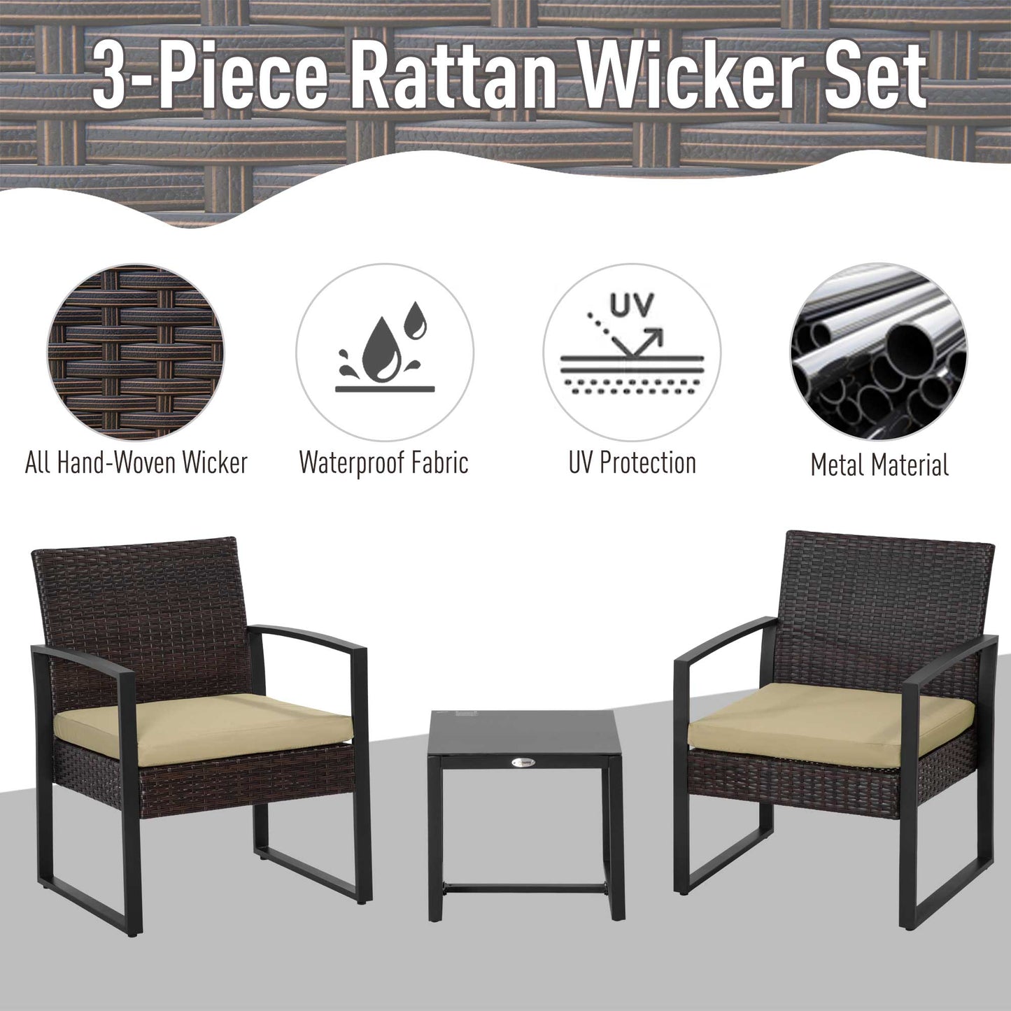 Outsunny Rattan Patio Ensemble: 3-Piece Bistro Set with Sofa, Coffee Table & Chairs, Beige