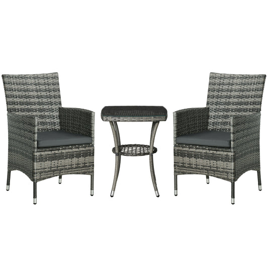 Outsunny 3 PCs Rattan Garden Bistro Set with Cushions Patio Weave Companion Chair Table Set Conservatory, Light Grey