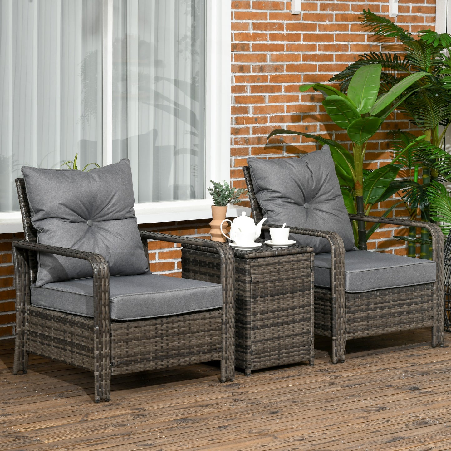 Outsunny 3 pcs PE Rattan Wicker Garden Furniture Patio Bistro Set Weave Conservatory Sofa Storage Table and Chairs Set Blue Cushion Grey Wicker