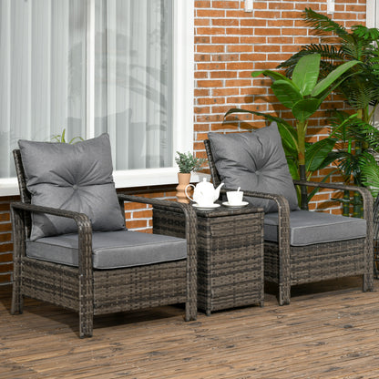 Outsunny 3 pcs PE Rattan Wicker Garden Furniture Patio Bistro Set Weave Conservatory Sofa Storage Table and Chairs Set Blue Cushion Grey Wicker