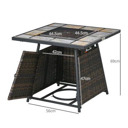 Outsunny Square Outdoor PE Rattan Fire Pit Table Gas Burner Heater w/ Control Panel, Slate Top, Lid and Lava Rocks, 50,000 BTU