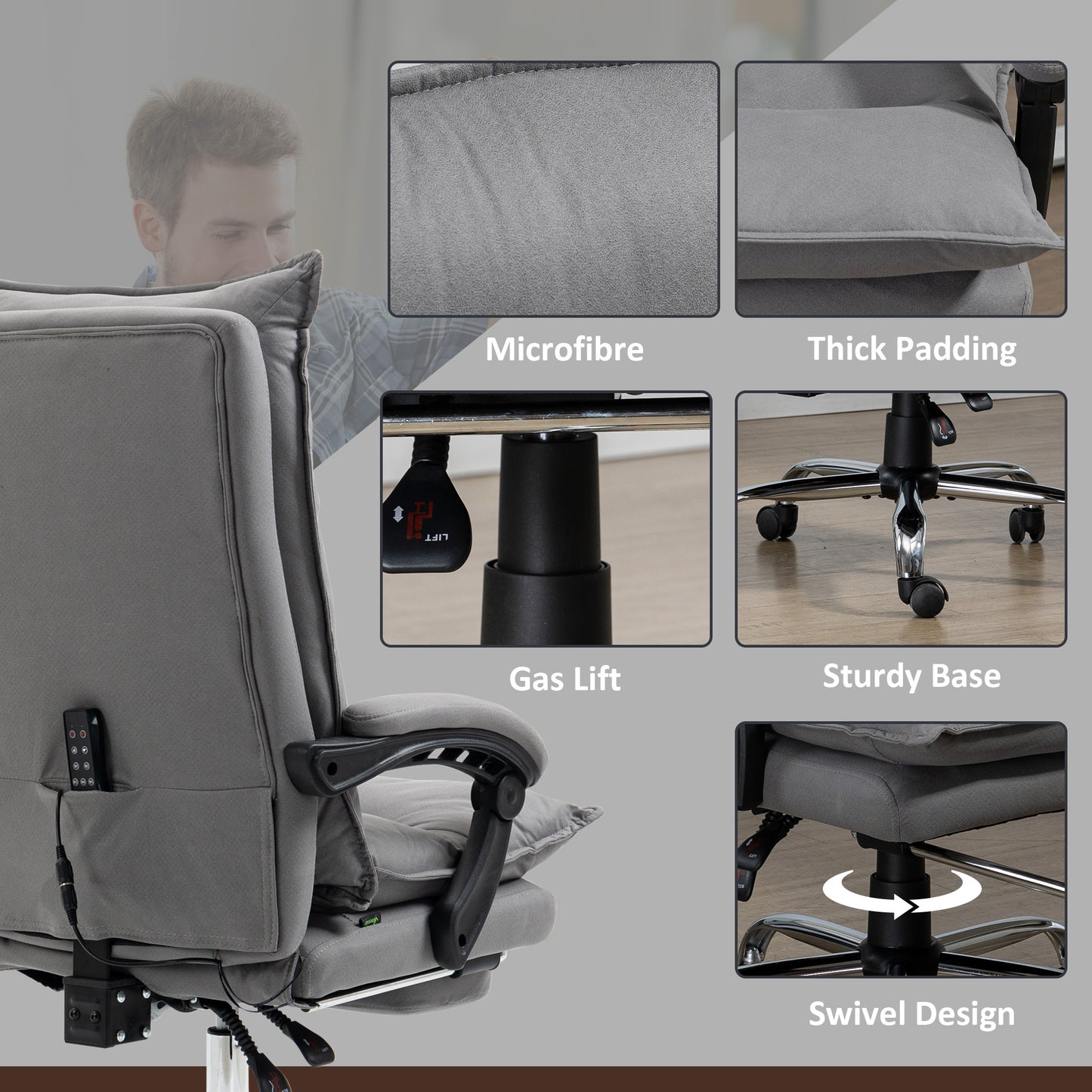 Vinsetto Microfibre Office Chair with Vibration Massage, Heat, Reclining Back, Footrest, Armrest, Double Padding, Grey