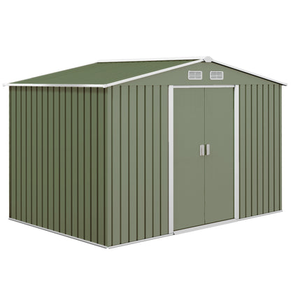 Outsunny 9 x 6 ft Metal Garden Storage Shed Corrugated Steel Roofed Tool Box with Foundation Ventilation and Doors, Light Green