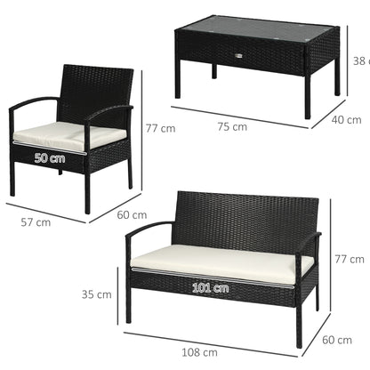 Outsunny Rattan 4-Seater Garden Furniture Set, Outdoor Patio Wicker Chairs and Table, Black and Cream