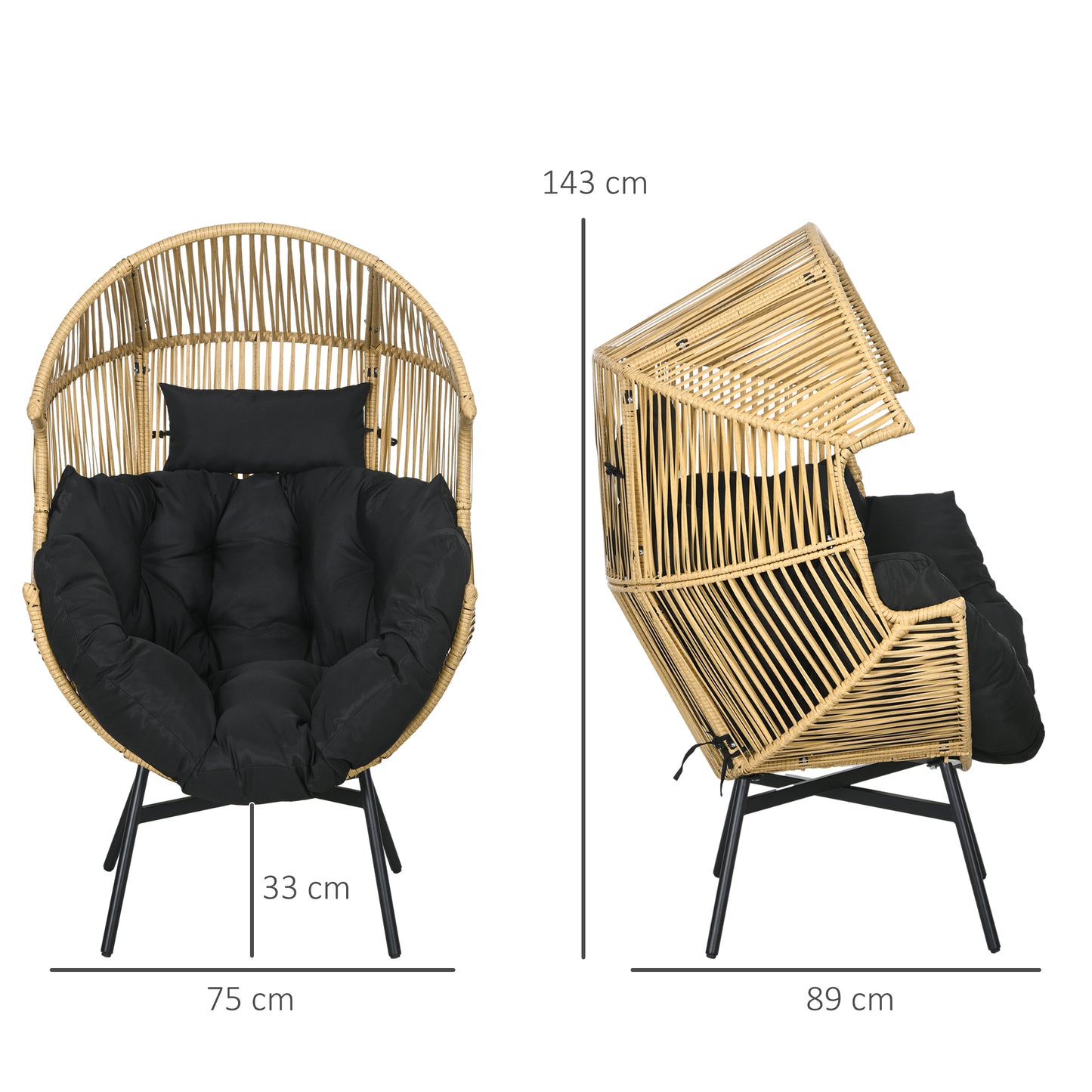 Outsunny PE Rattan Leisure Chair with 14cm Thick Seat Cushion, Steel Frame Garden Egg Chair with Comfortable Headrest, Adjustable Feet, Sand