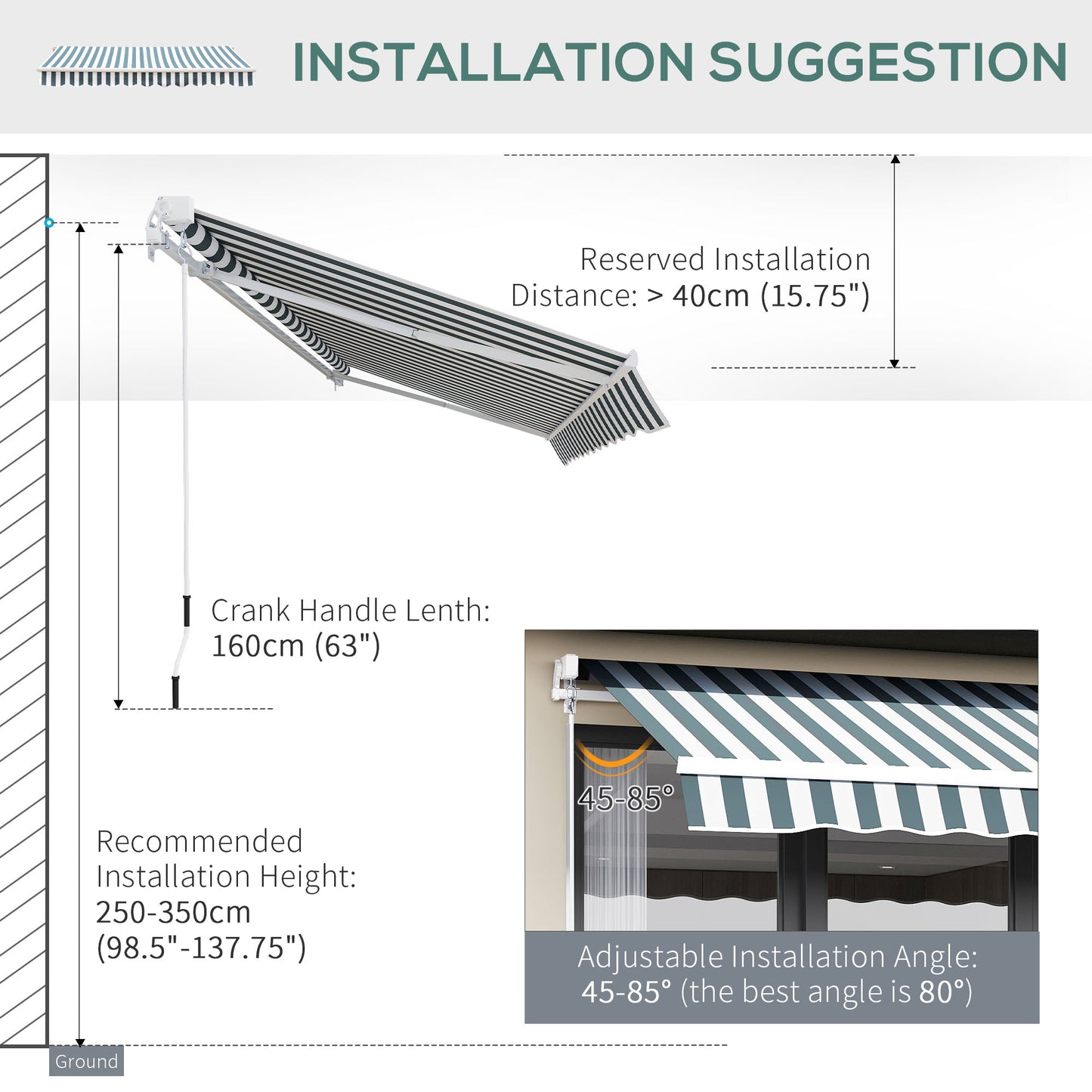 Outsunny 2.5m x 2m Garden Patio Manual Awning Canopy Sun Shade Shelter Retractable with Winding Handle Green White