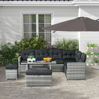 Outsunny 5-Piece Rattan Patio Furniture Set with Corner Sofa, Footstools, Glass Coffee Table, Cushions, Mixed Grey