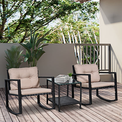 Outsunny 2 Seater Rattan Rocking Set Patio Bistro Table Chairs Conversation w/ Cushion