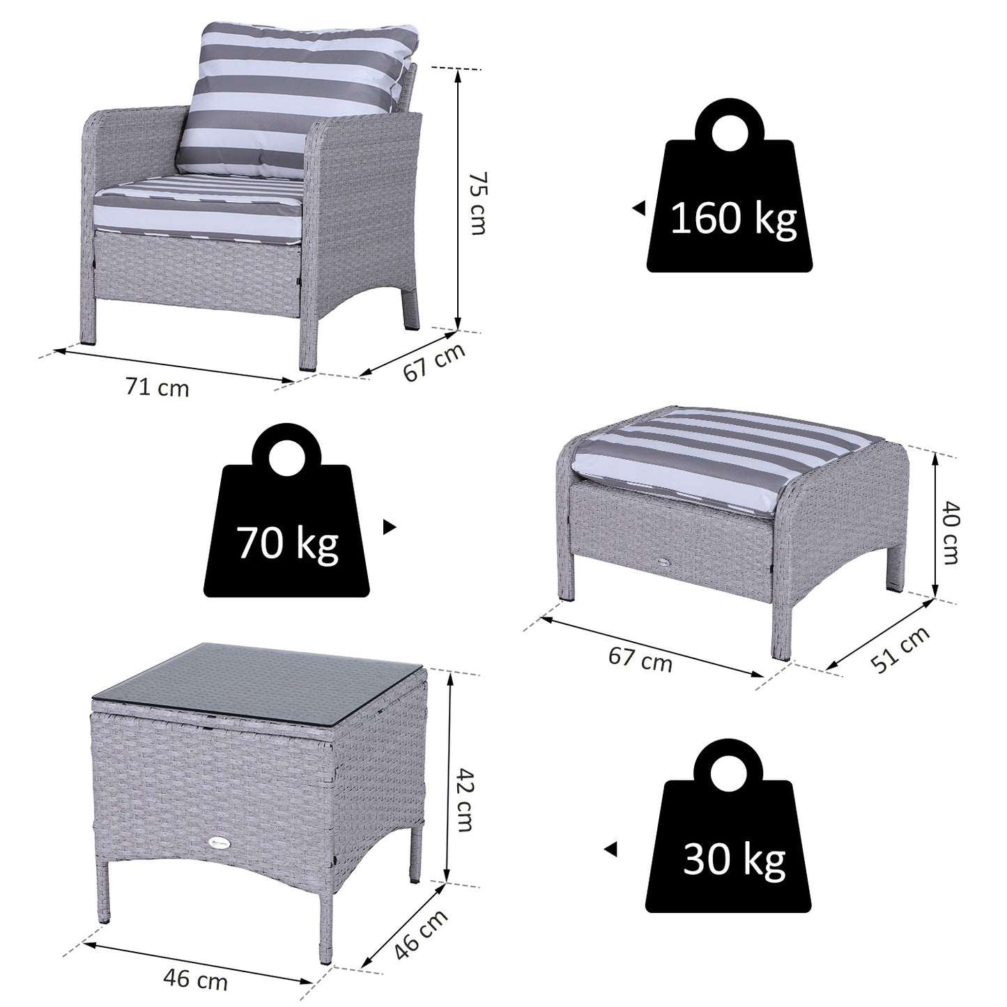 Outsunny 2 Seater PE Rattan Garden Furniture Set, 2 Armchairs 2 Stools Glass Top Table Cushions Wicker Weave Chairs Outdoor Seating - Grey