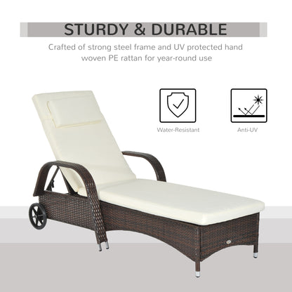 Outsunn Adjustable Rattan Sun Lounger Garden Recliner Bed Reclining Chair w/ Removable Headrest & Thickened Cushion, Brown