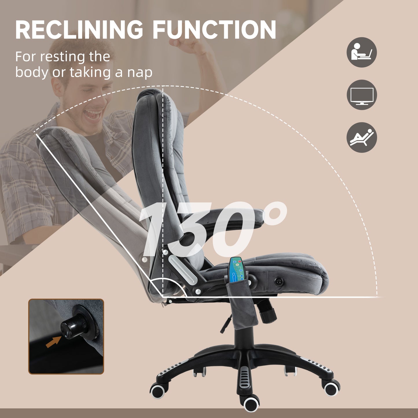 Vinsetto Heated Massage Office Chair with Six Massage Points, Reclining Office Chair with Velvet-Feel Fabric 360° Swivel Wheels, Grey