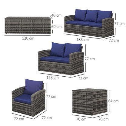 Outsunny 6 Pieces Outdoor Rattan Wicker Sofa Set Sectional Patio Conversation Furniture Set w/ Storage Table & Cushion Navy Blue