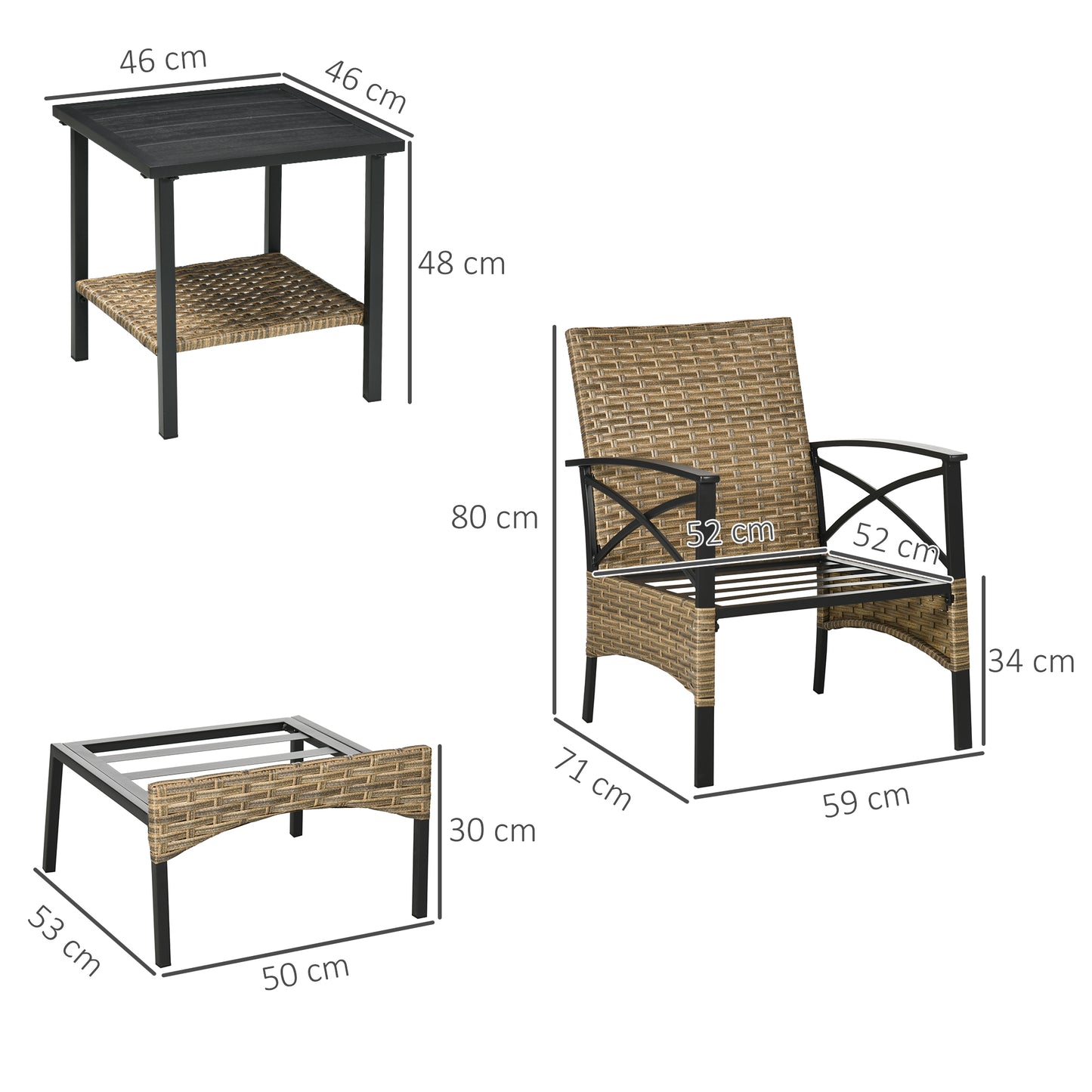 Outsunny 5 Piece PE Rattan Garden Furniture Set, 2 Armchairs, 2 Stools, Steel Tabletop with Wicker Shelf, Padded Outdoor Seating, Grey