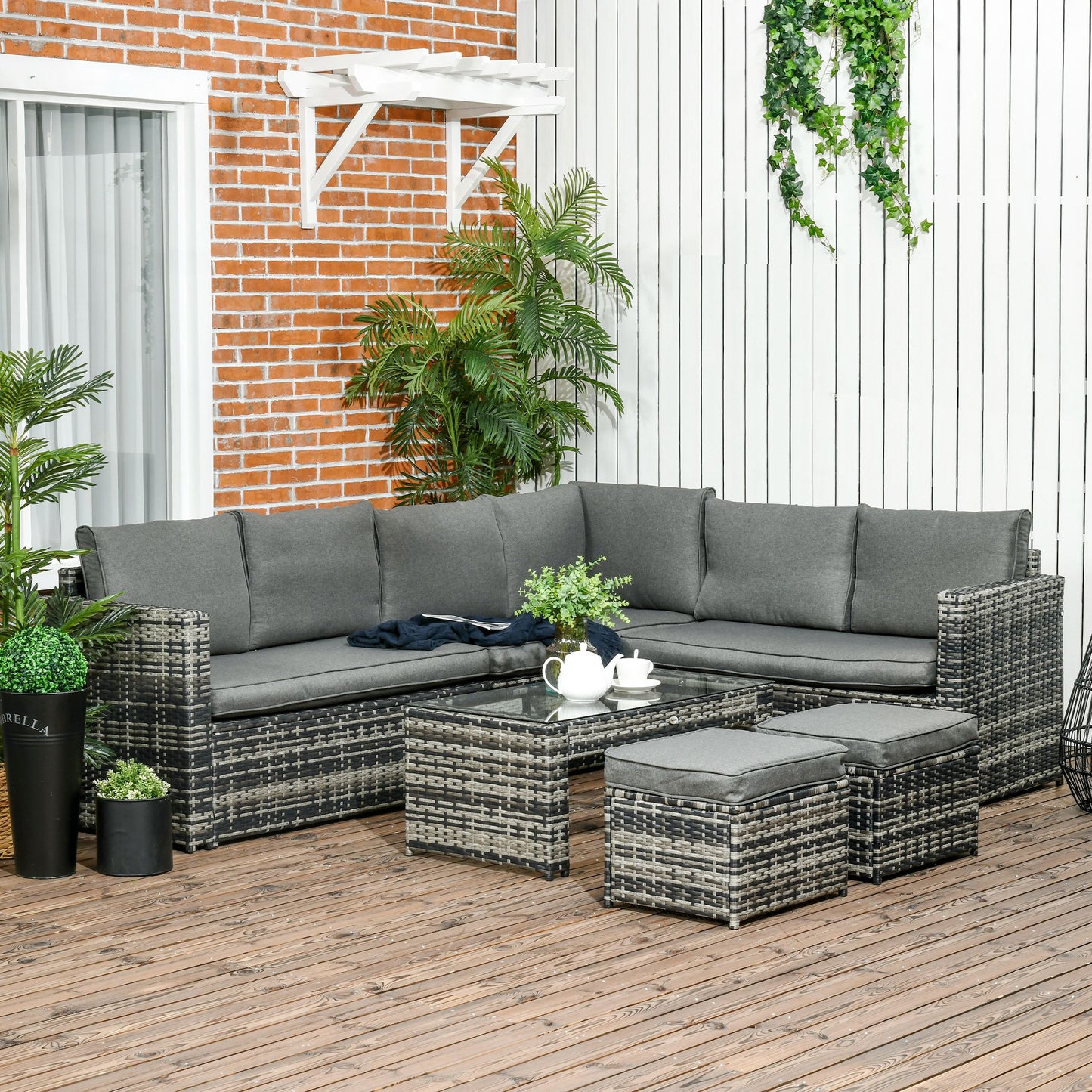 Outsunny 6 Piece Rattan Garden Furniture Set, 8-Seater Outdoor Sofa Sectional with 3 Cushioned Loveseat 2 Footstools Table, Grey