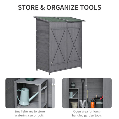 Outsunny Wooden Garden Storage Shed Lockable Tool Cabinet Organizer w/ Storage Table, Double Door, 139 x 75 x 160 cm, Grey