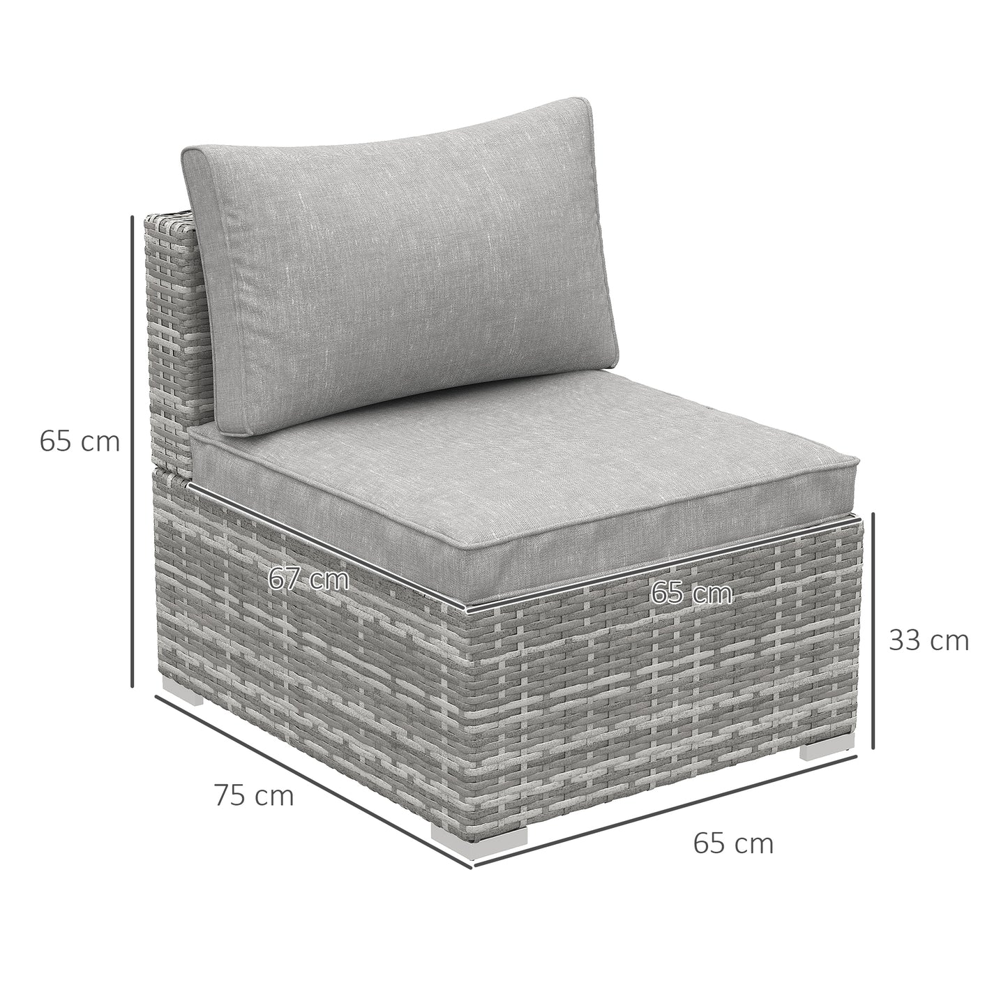 Outsunny Outdoor Garden Furniture Rattan Single Middle Sofa with Cushions for Backyard Porch Garden Poolside Light Grey