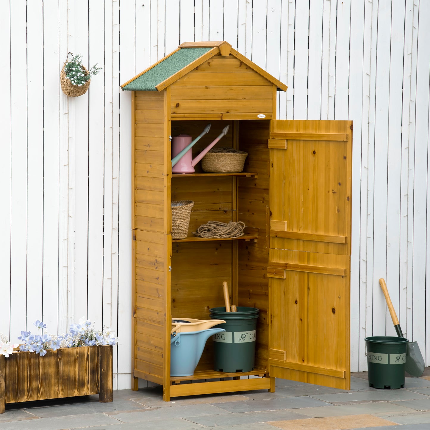 Outsunny Wooden Garden Storage Shed Utility Gardener Cabinet w/ 3 Shelves and 2 Door, 191.5cm x 79cm x 49cm, Natural Wood Effect