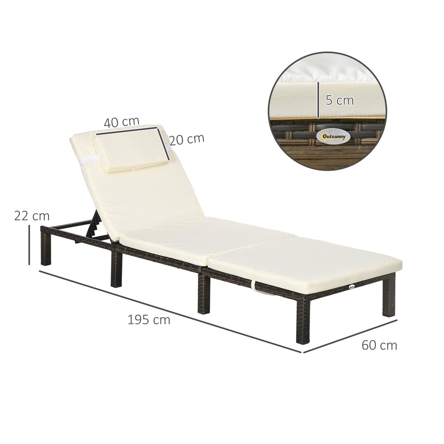 Outsunny Rattan Sun Loungers Set of 2 with 5-Level Adjustable Backrest, Wicker Lounge Chairs with Padded Cushion and Headrest for Outdoor, Poolside, Garden, Cream White