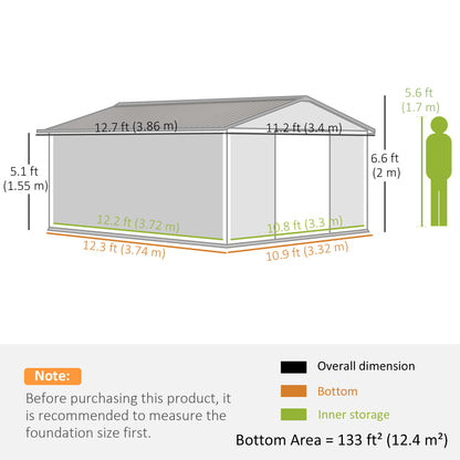 Outsunny 13 x 11 ft Metal Garden Shed Large Patio Roofed Tool Storage Box with Foundation Ventilation and Sliding Doors, Yellow