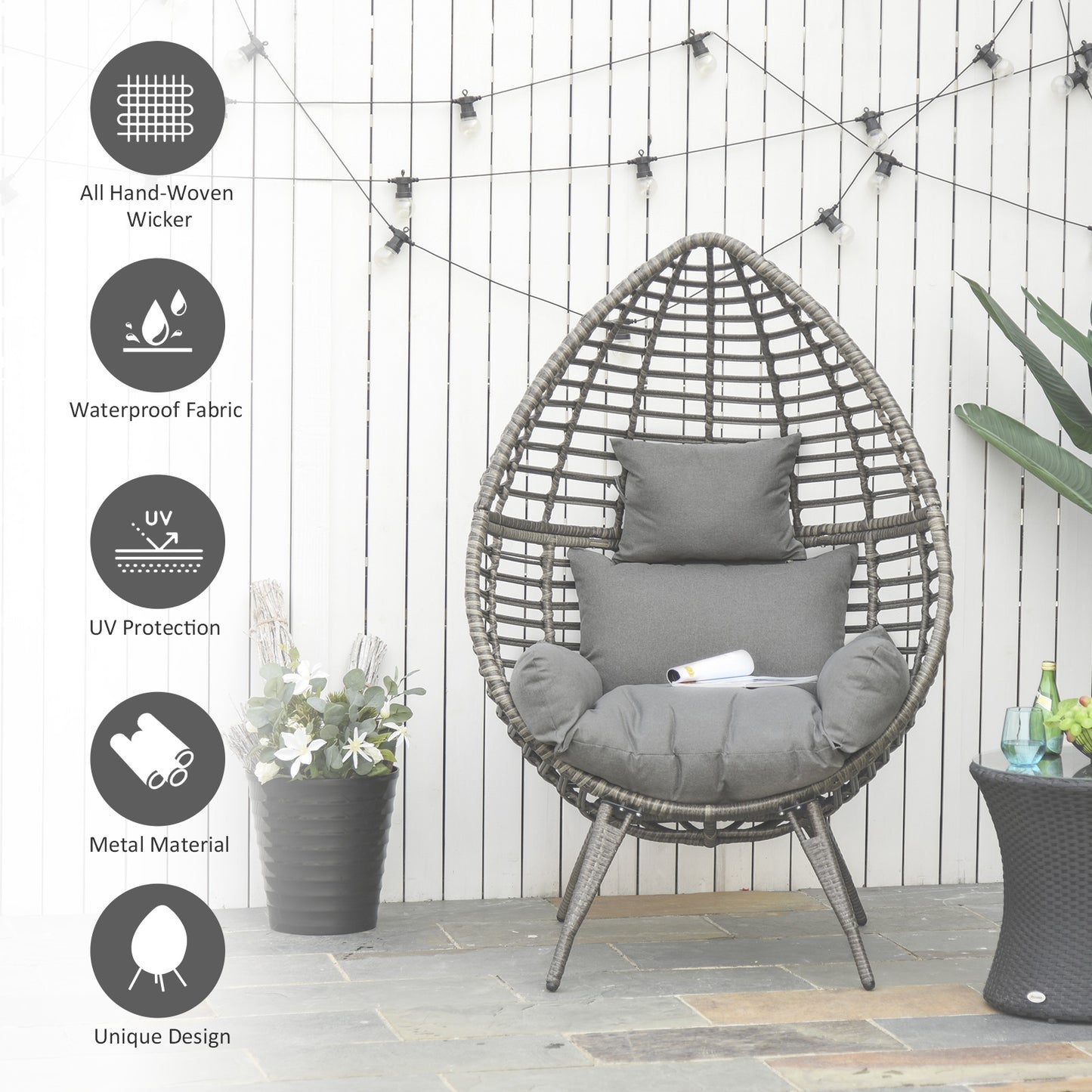 Outsunny Outdoor Indoor Rattan Egg Chair Wicker Weave Teardrop Chair with Cushion Grey