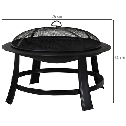 Outsunny Metal Large Firepit Bowl Outdoor Round Fire Pit w/ Lid, Log Grate, Poker for Backyard, Camping, BBQ, Bonfire, 76 x 76 x 53cm, Black