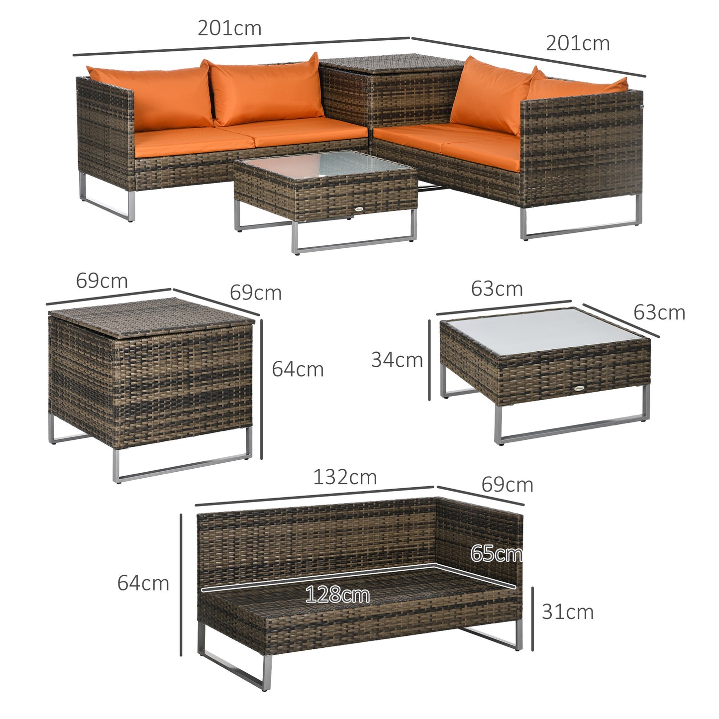 Outsunny 4 PCs Garden Rattan Wicker Outdoor Furniture Patio Corner Sofa Love Seat and Table Set with Cushions Side Desk Storage - Orange