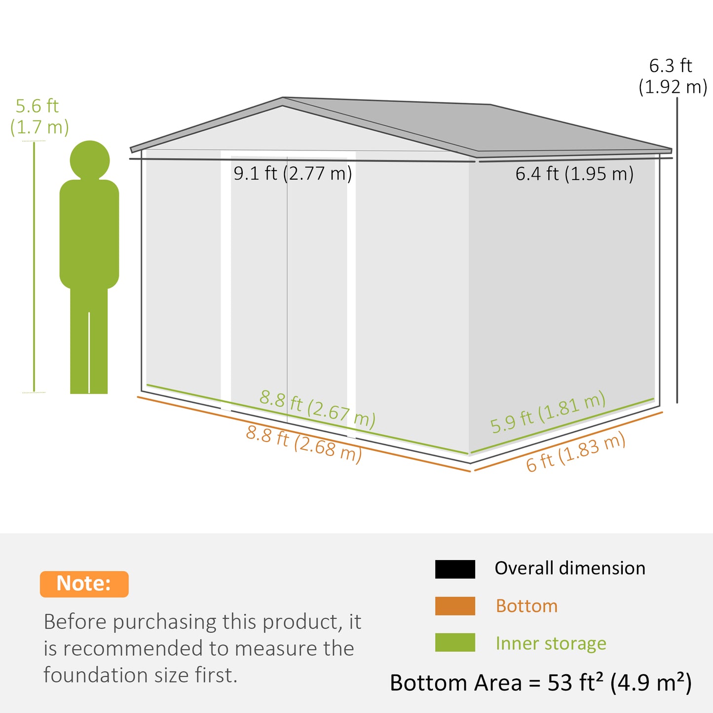 Outsunny 9 x 6FT Garden Storage Shed, Metal Outdoor Storage Shed House with Floor Foundation, Ventilation & Doors, Grey