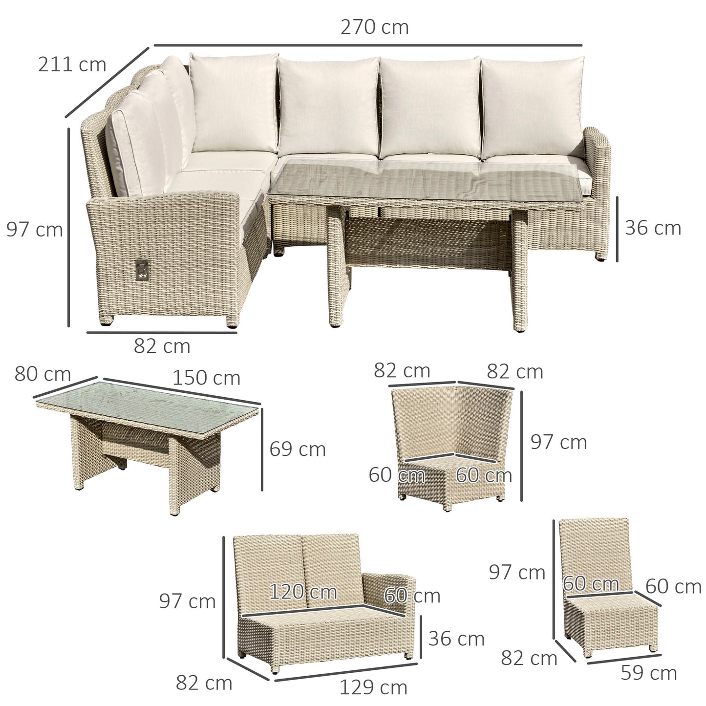 Outsunny 6-Seater Reclining PE Rattan Garden Dining Set Patio Furniture w/Sofa Chairs Glass Table Cushions Adjustable Feet Stylish Lounge Conversation