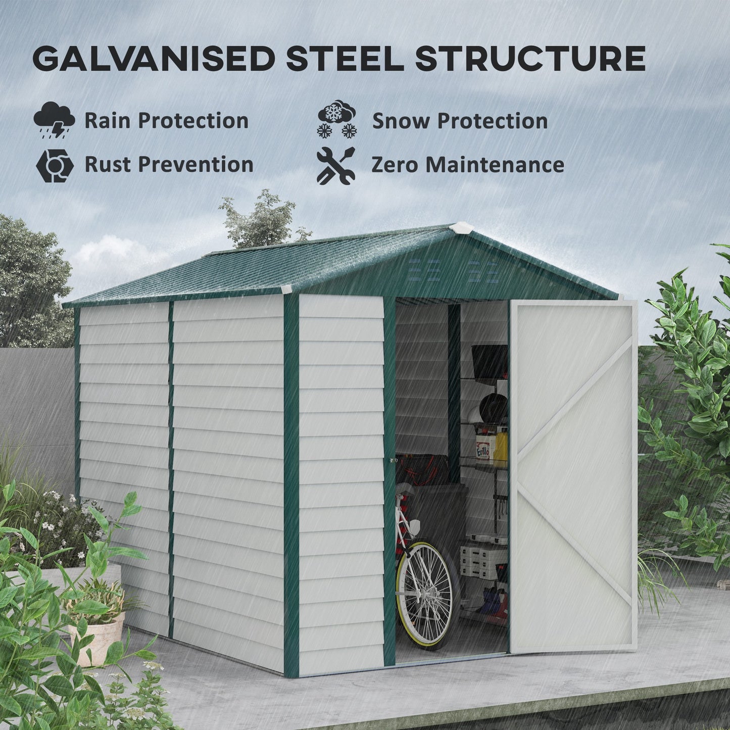 Outsunny 9FT x 6FT Galvanized Metal Garden Shed, Outdoor Storage Shed with Sloped Roof, Lockable Door, Tool Storage Shed for Backyard, Patio, White