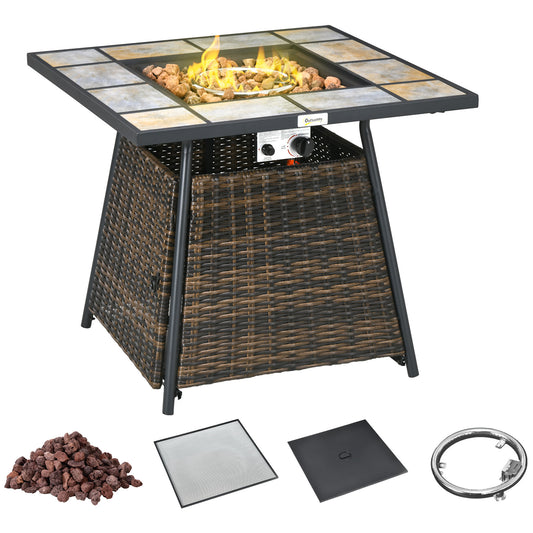 Outsunny Square Outdoor PE Rattan Fire Pit Table Gas Burner Heater w/ Control Panel, Slate Top, Lid and Lava Rocks, 50,000 BTU