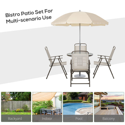 Outsunny Garden Patio Texteline Folding Chairs Plus Table and Parasol Furniture Bistro Set - Beige (6-Piece)