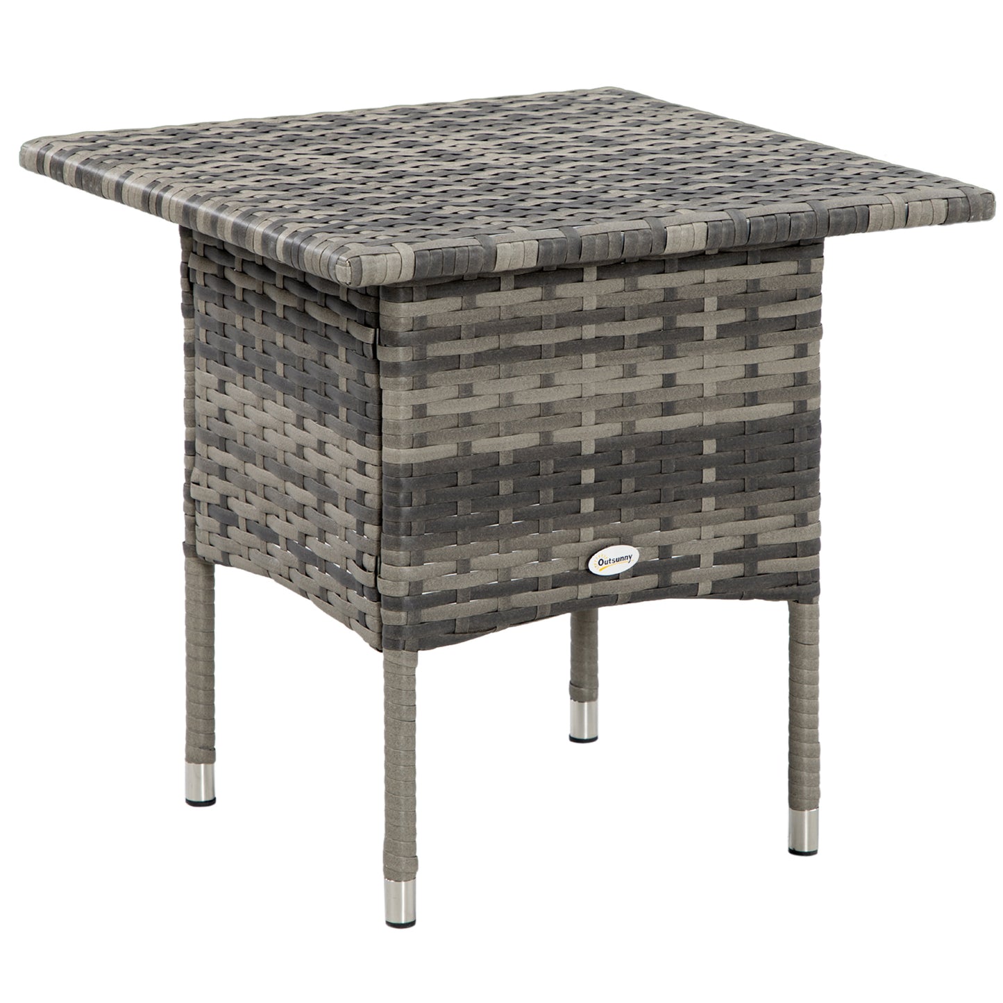 Outsunny Rattan Side Table, Outdoor Coffee Table, with Plastic Board Under the Full Woven Table Top for Patio, Garden, Balcony, Mixed Grey