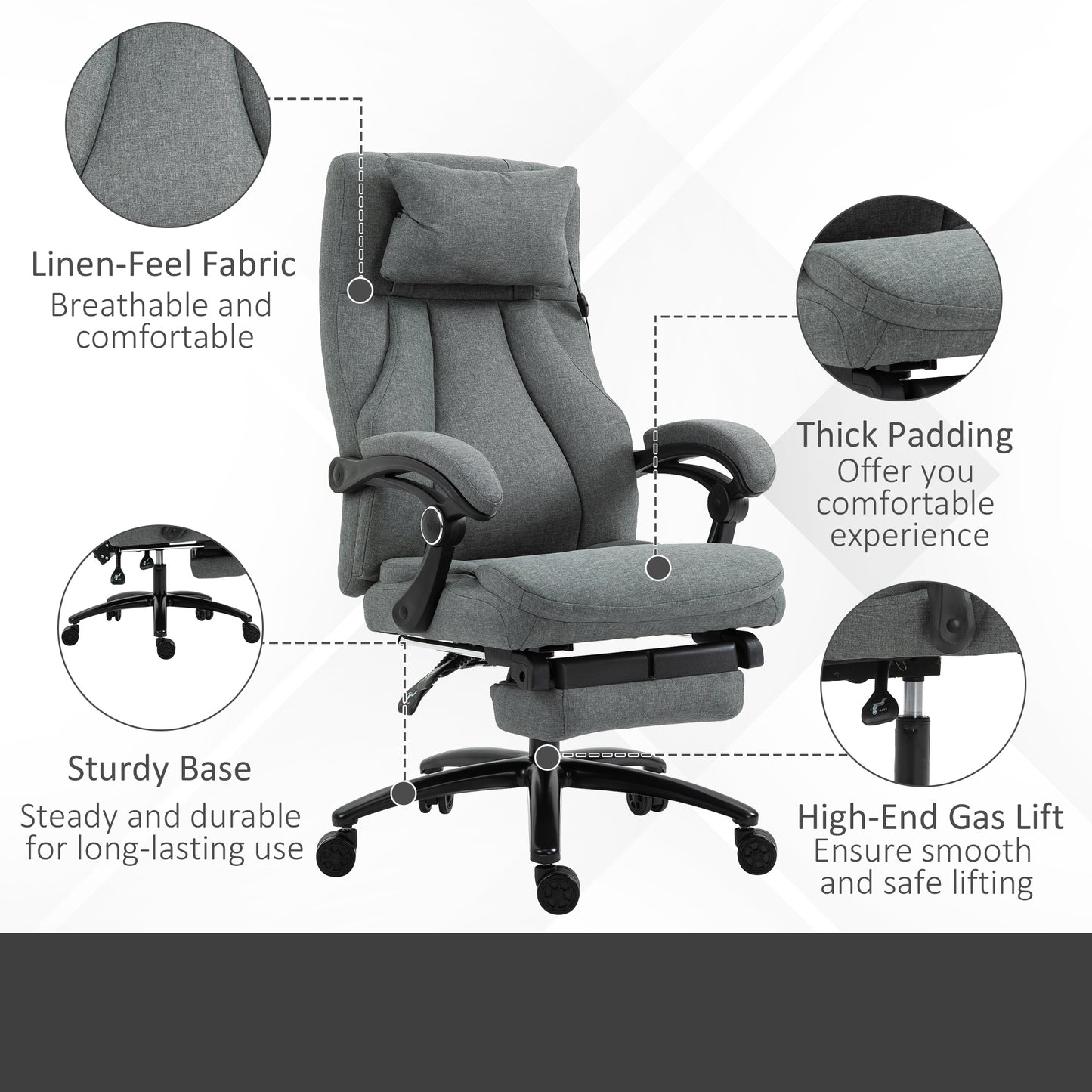 Vinsetto Ergonomic Office Chair with 2-Point Vibration Massage Pillow, USB Powered, Adjustable Height, Swivel, Grey | Chahine Milad UK