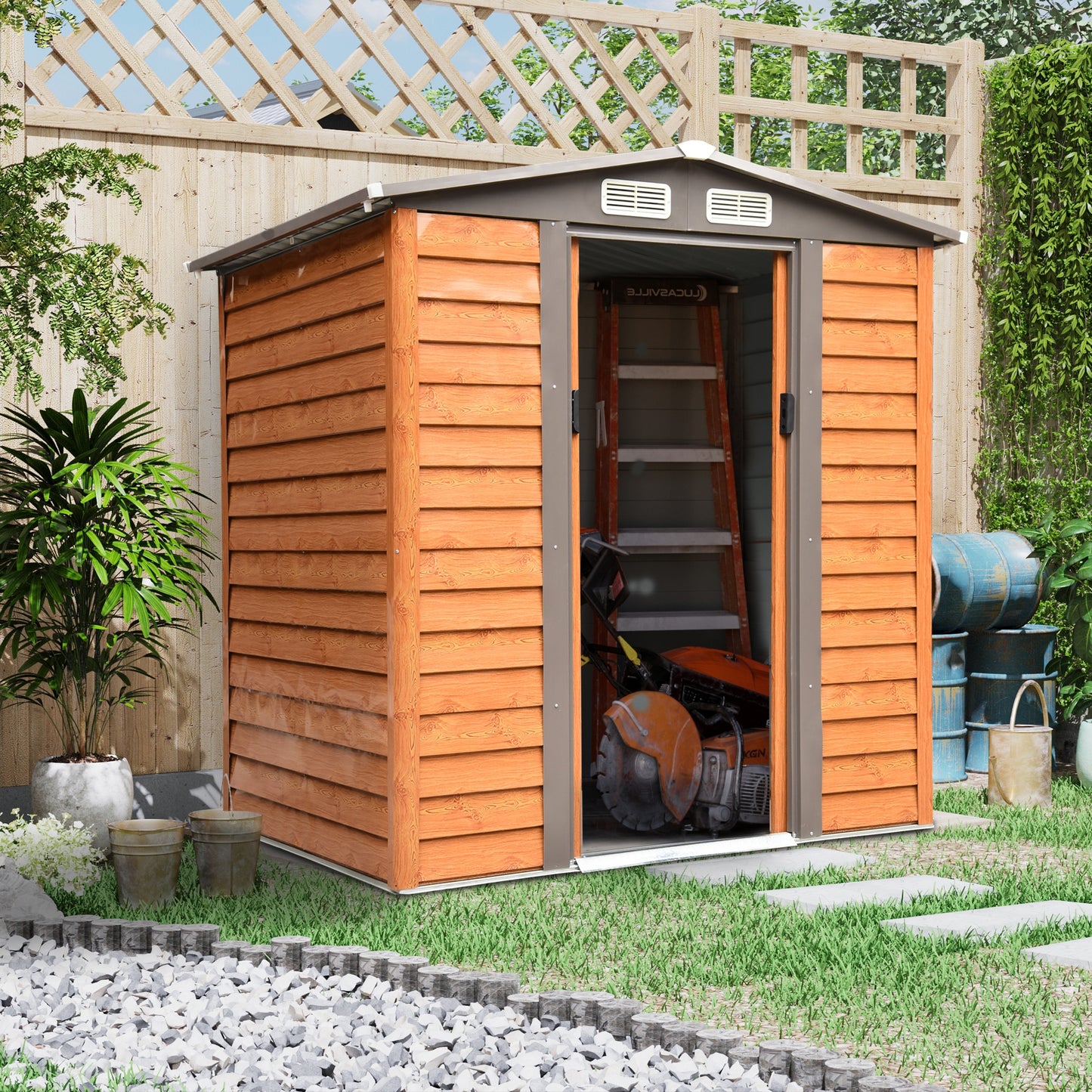 Outsunny 6 x 5 ft Garden Storage Shed Apex Store for Gardening Tool with Foundation and Ventilation, Brown