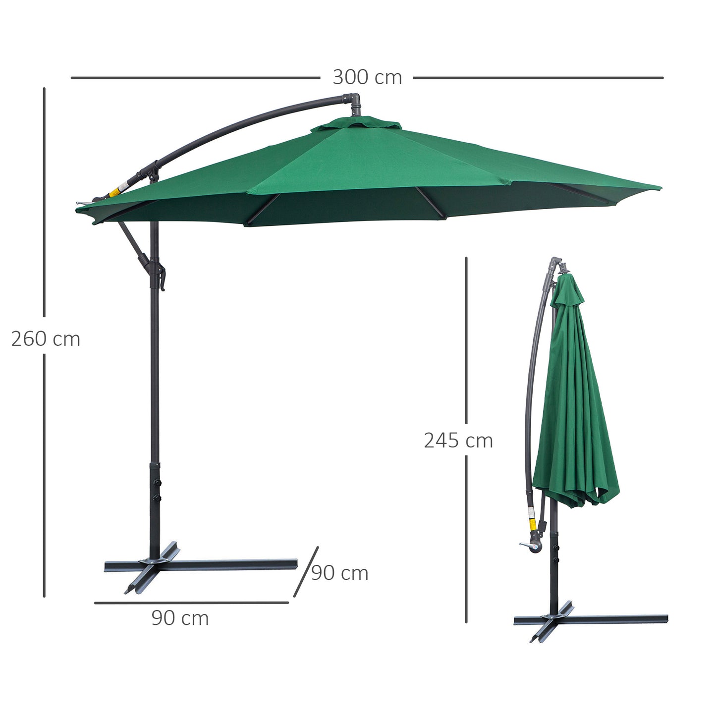 Outsunny 3(m) Garden Banana Parasol Hanging Cantilever Umbrella with Crank Handle and Cross Base for Outdoor, Sun Shade, Green