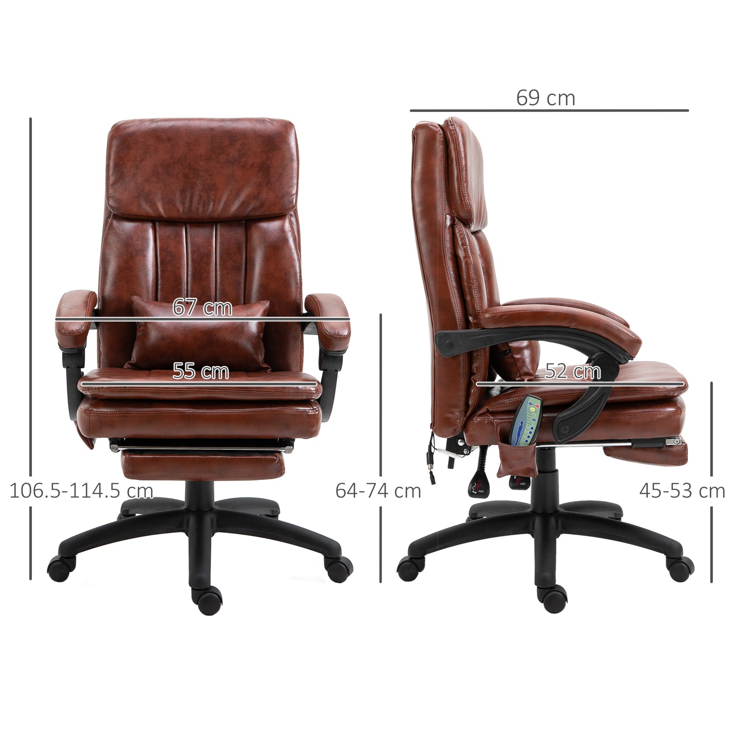 Vinsetto High Back Office Chair, Gaming Recliner Chair with Footrest, 7 Massage Points, Adjustable Height, Reclining Back, PU, Brown