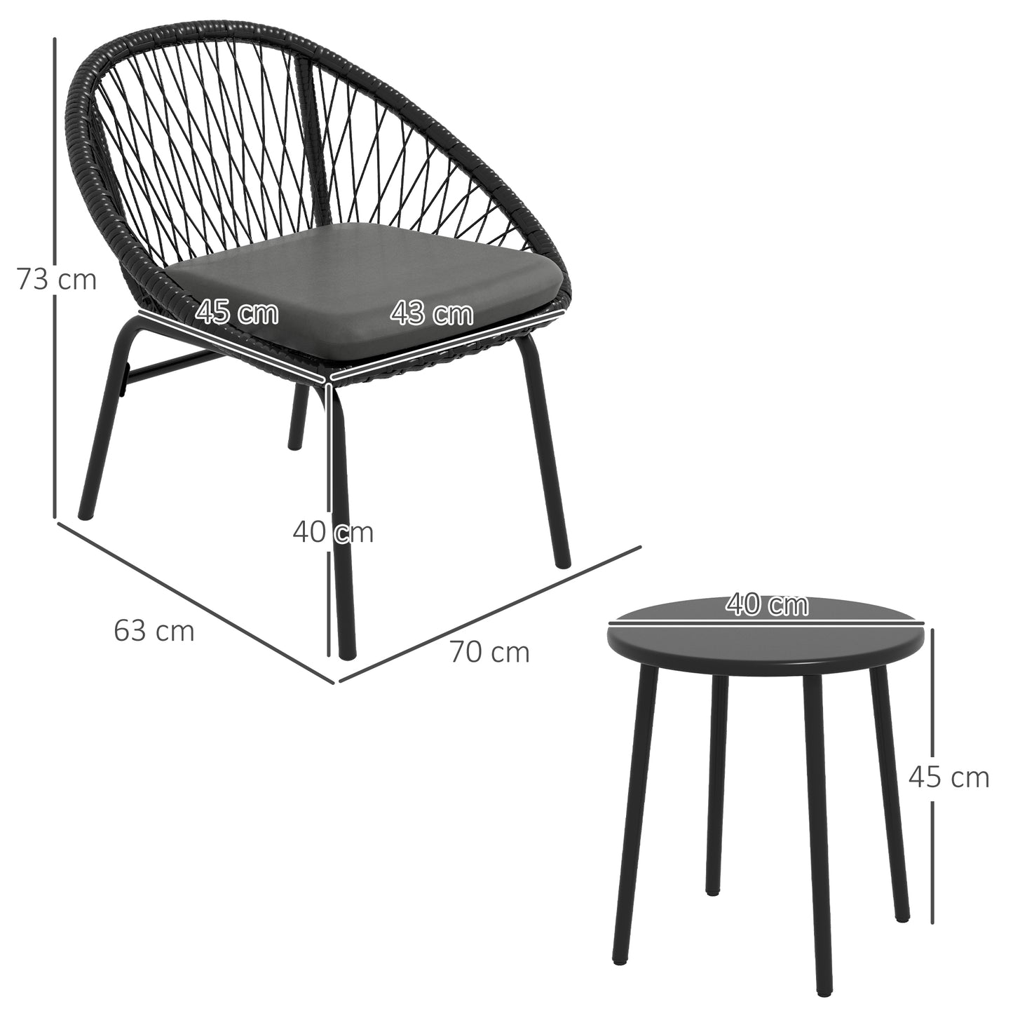 Outsunny 3 Piece Garden Furniture Set with Cushions, Round PE Rattan Bistro Set w/ 2 Armchairs & Metal Plate Coffee Table