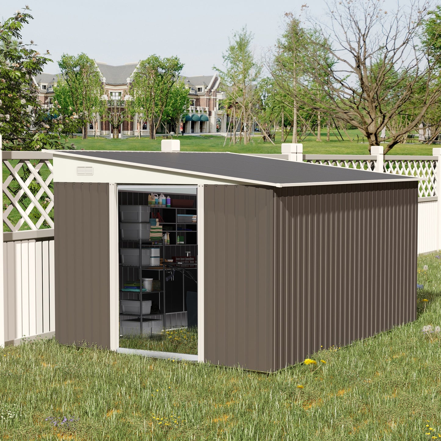 Outsunny 11 x 9 ft Metal Garden Storage Shed Sloped roof Tool House with Double Sliding Doors and 2 Air Vents, Grey