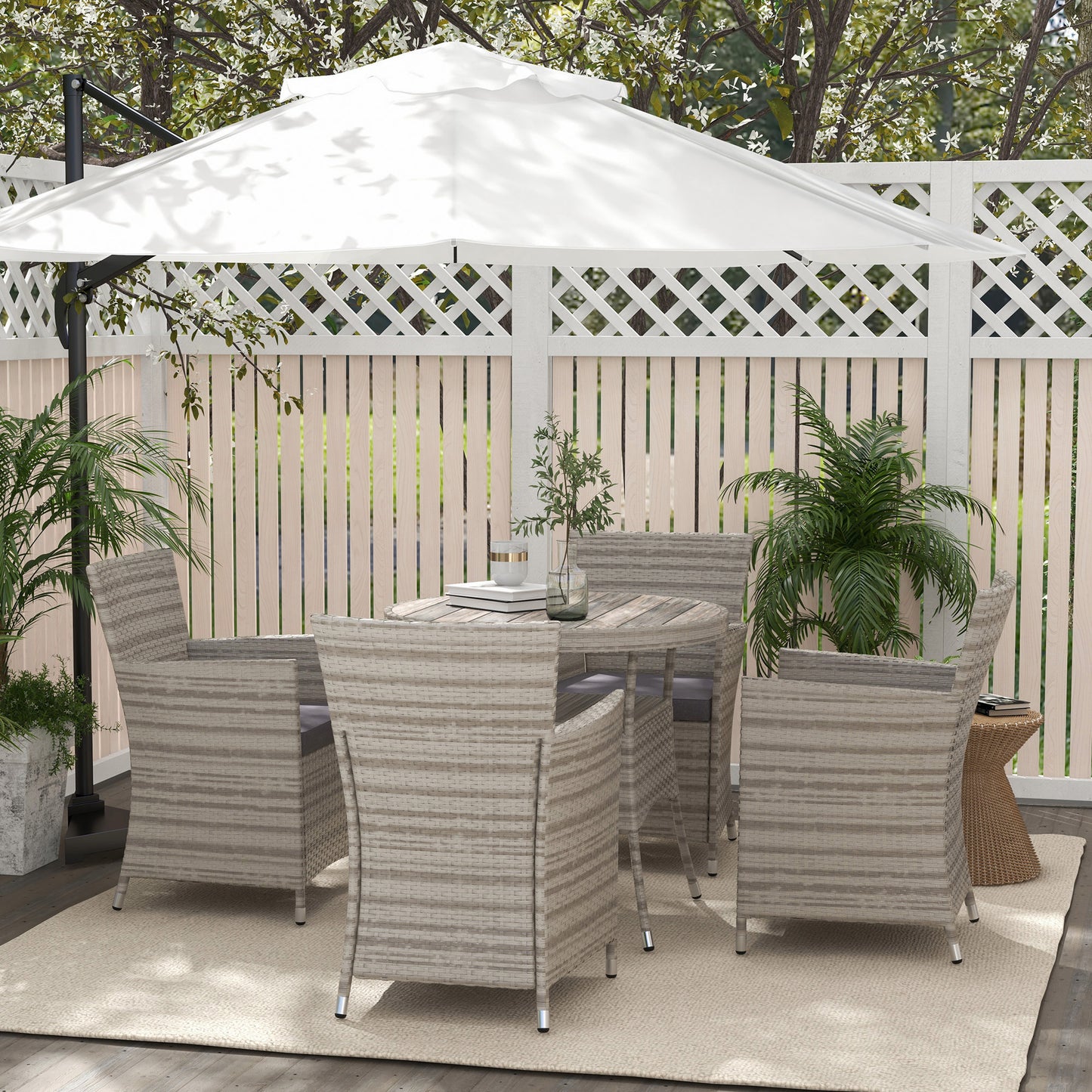 Outsunny Rattan Dining Set: 5 Piece Suite with Cushions & Slatted Table, Ideal for Patio, Lawn, Balcony, Grey