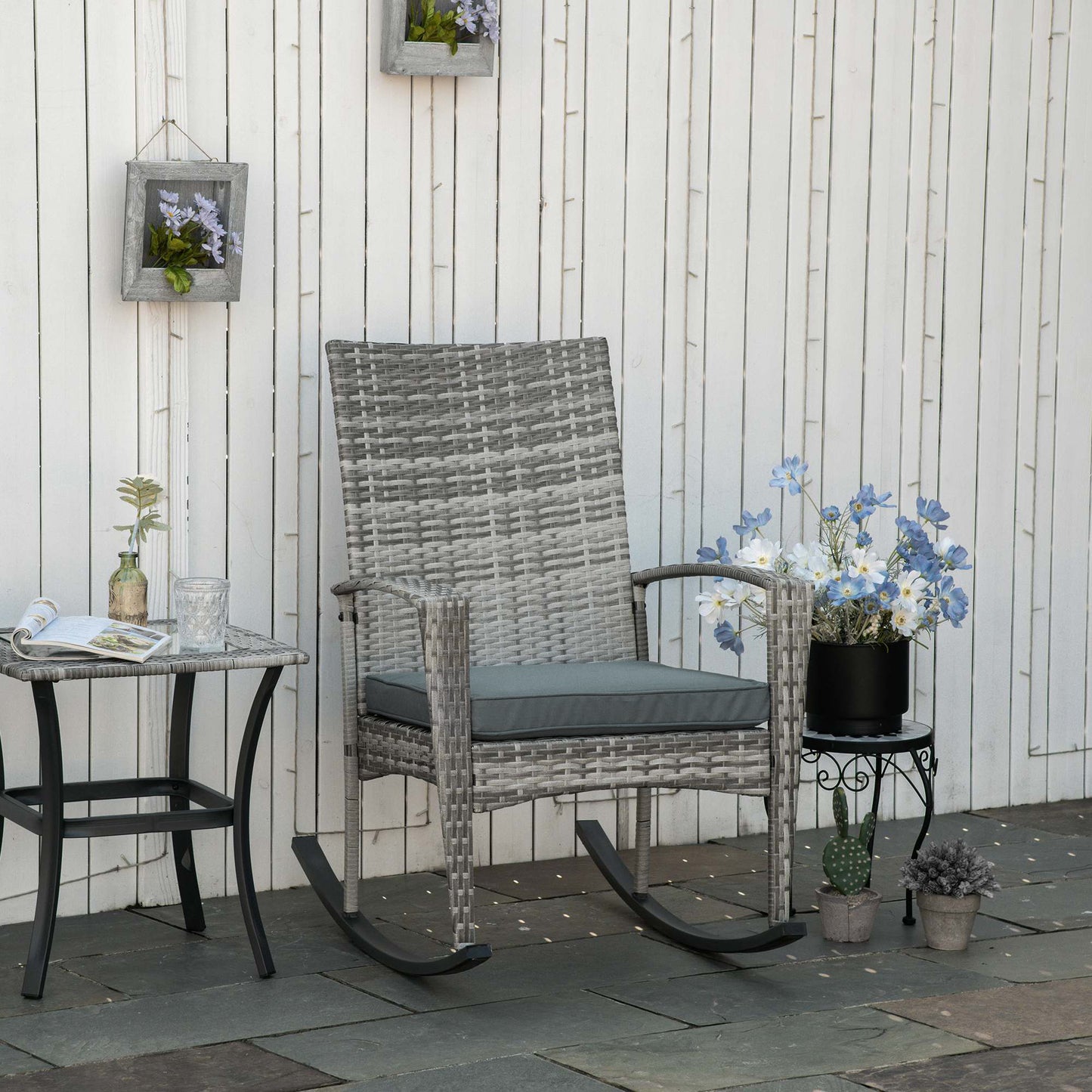 Outsunny Wicker Chair, Rattan Rocking Chair with Removable Cover & Flame-Retardant Fabric for Outdoor & Indoor, Light Grey | Chahine & Milad UK