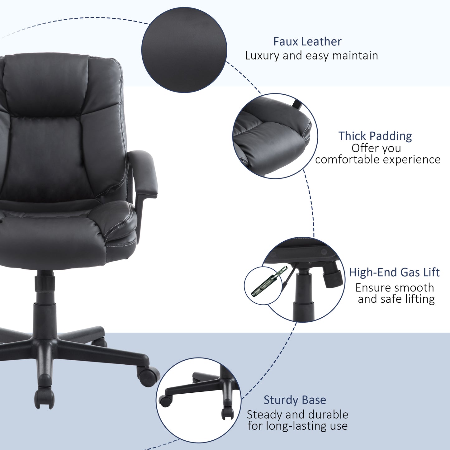 HOMCOM Executive Swivel Office Chair, Mid-Back Faux Leather Desk Chair with Double-Tier Padding, Arms, and Wheels, Black